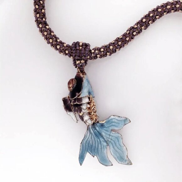 Koi Fish Pendant Necklace – Handcrafted Chenille Stitched Beaded Chain 18 Inches - Picture 1 of 3